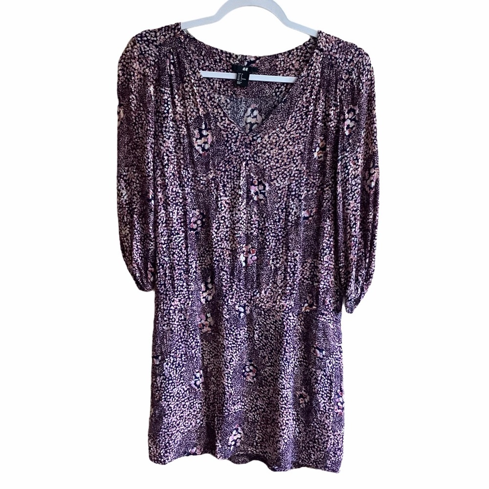 H&M Women Size 4 V-neck Purple Dot Pattern Lined Skirt 3/4 Sleeve‎ Dress